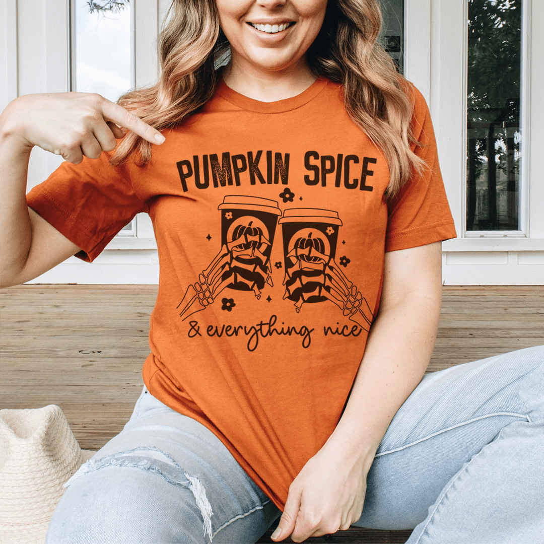 Pumpkin Spice & Everything Nice T-shirt, heather orange, crew neck, graphic front print