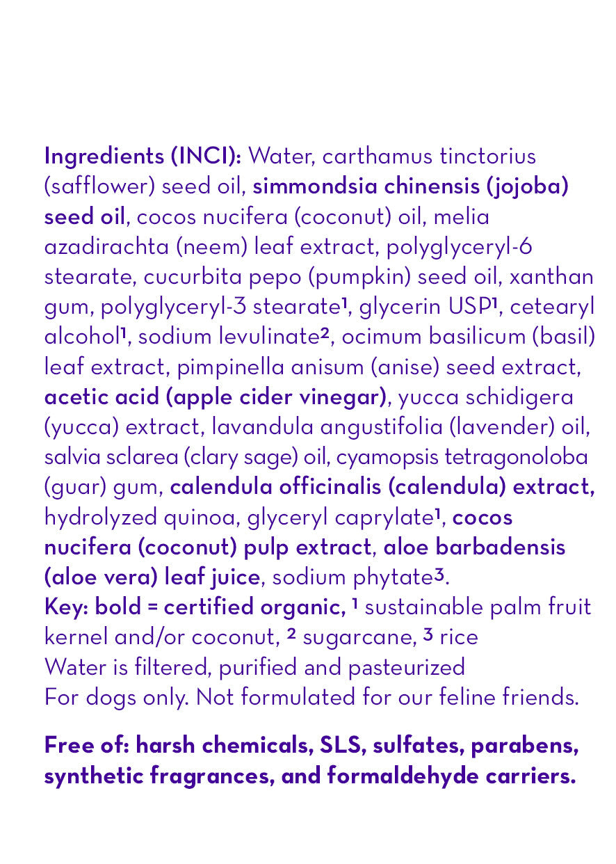 Calming™ Puppy + Dog Conditioner ingredients and key notes label text
