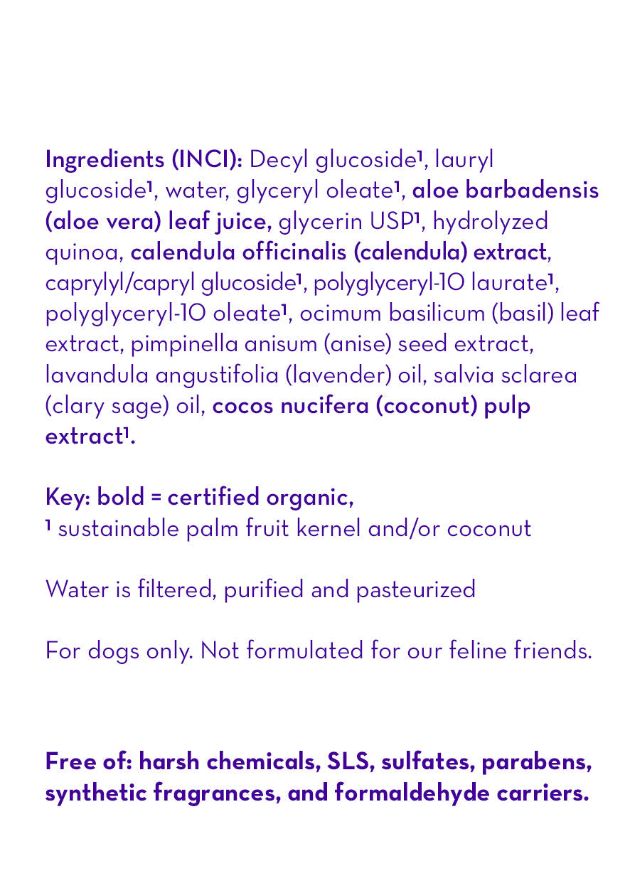 Puppy and dog wash ingredients panel with key ingredients and free-from notes