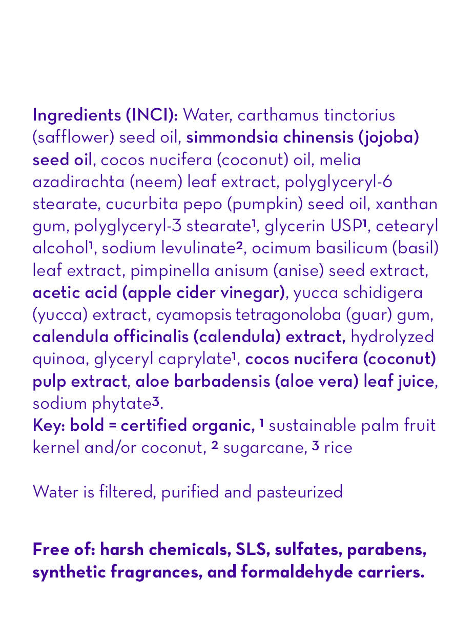Ingredients label for No Fragrance Super Sensitive pet conditioner, free of harsh chemicals