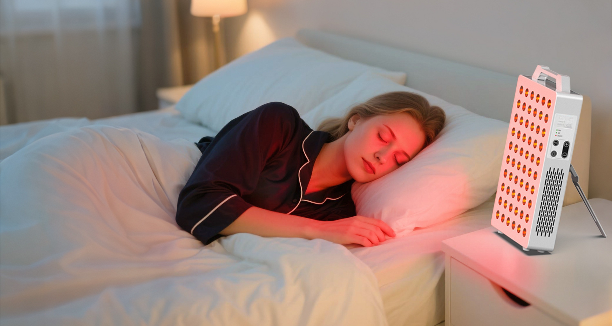 PurRed™ Advanced Panel beside a bed with red LED array, angled upward.