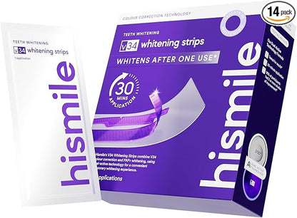 Teeth whitening strips box and packet, purple design, 14-pack