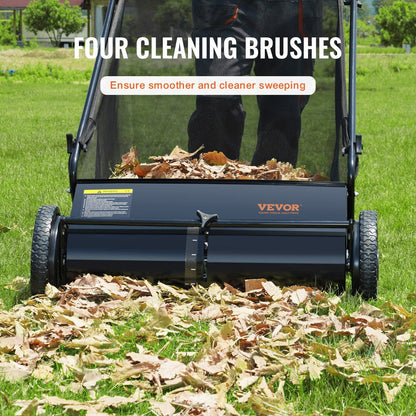 Push Lawn Sweeper, 26-inch Leaf & Grass Collector, Strong Rubber Wheels & Heavy Duty Thickened Steel, Durable to Use with Large Capacity 7 cu. ft. Mesh Collection Hopper Bag, 4 Spinning Brushes - Renee Lane Company