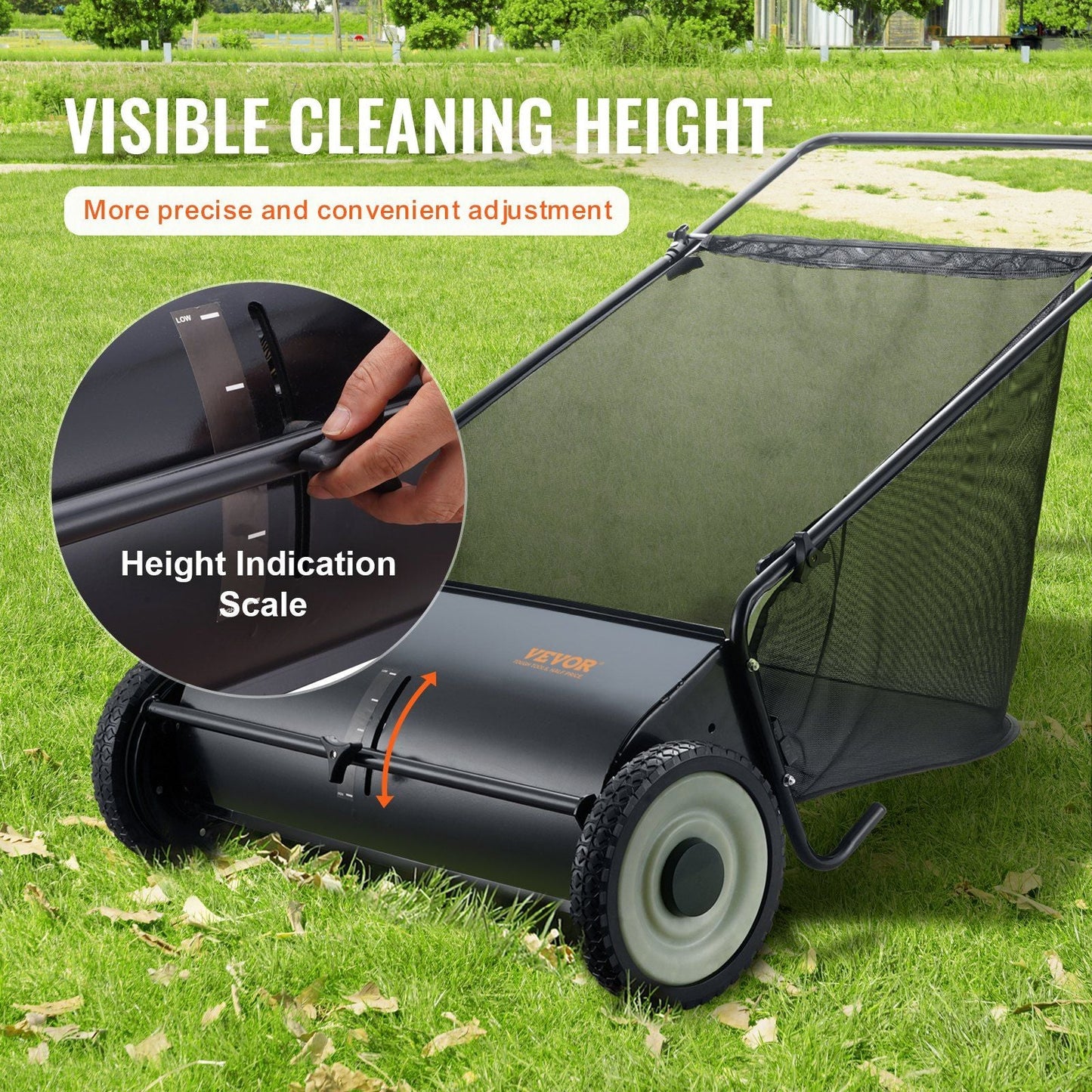 Push Lawn Sweeper, 26-inch Leaf & Grass Collector, Strong Rubber Wheels & Heavy Duty Thickened Steel, Durable to Use with Large Capacity 7 cu. ft. Mesh Collection Hopper Bag, 4 Spinning Brushes - Renee Lane Company
