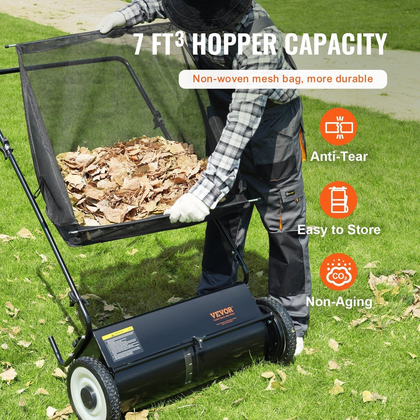 Push Lawn Sweeper, 26-inch Leaf & Grass Collector, Strong Rubber Wheels & Heavy Duty Thickened Steel, Durable to Use with Large Capacity 7 cu. ft. Mesh Collection Hopper Bag, 4 Spinning Brushes - Renee Lane Company
