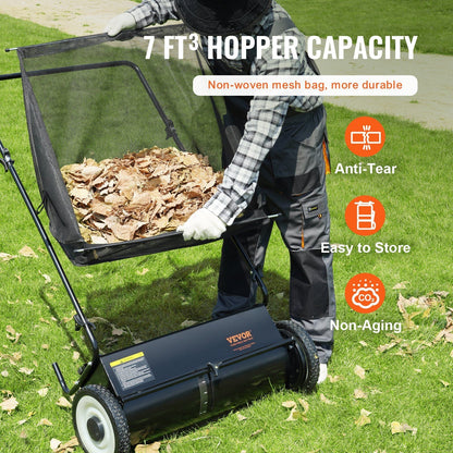Push Lawn Sweeper, 26-inch Leaf & Grass Collector, Strong Rubber Wheels & Heavy Duty Thickened Steel, Durable to Use with Large Capacity 7 cu. ft. Mesh Collection Hopper Bag, 4 Spinning Brushes - Renee Lane Company