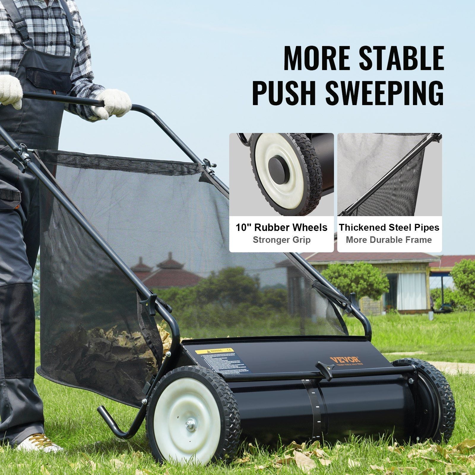 Push Lawn Sweeper, 26-inch Leaf & Grass Collector, Strong Rubber Wheels & Heavy Duty Thickened Steel, Durable to Use with Large Capacity 7 cu. ft. Mesh Collection Hopper Bag, 4 Spinning Brushes - Renee Lane Company