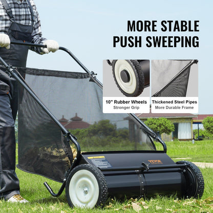 Push Lawn Sweeper, 26-inch Leaf & Grass Collector, Strong Rubber Wheels & Heavy Duty Thickened Steel, Durable to Use with Large Capacity 7 cu. ft. Mesh Collection Hopper Bag, 4 Spinning Brushes - Renee Lane Company