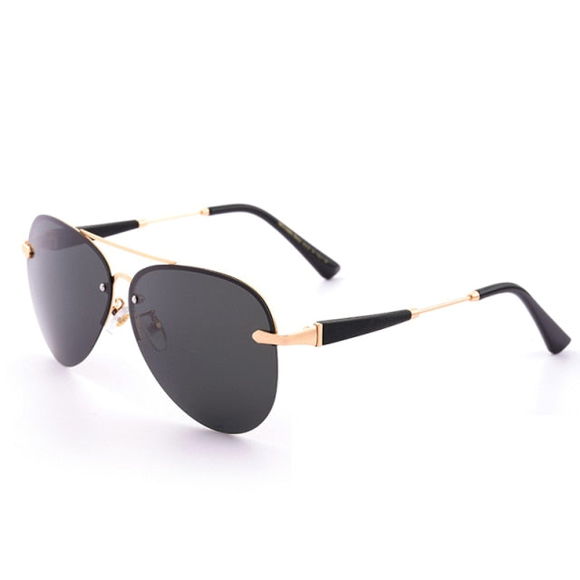 Men’s sunglasses with dark lenses, gold frame, and black temple tips