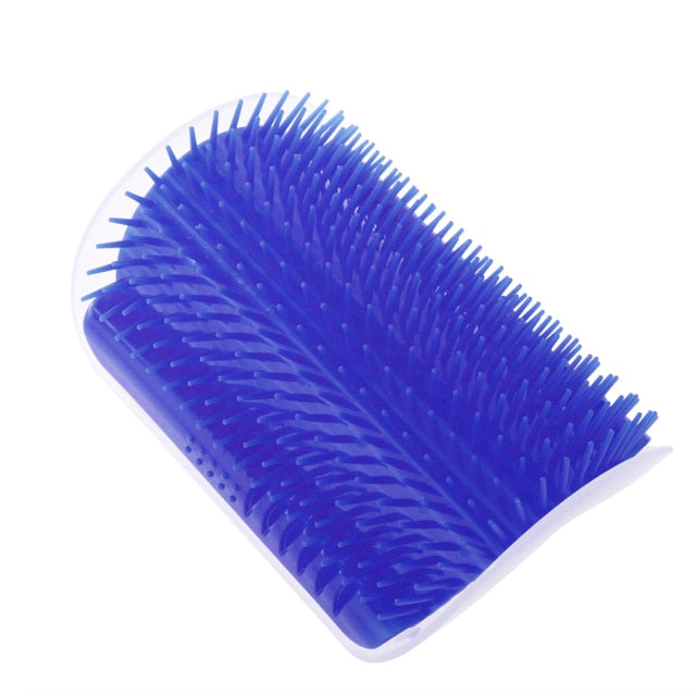 Cat self-groomer corner brush with blue bristles and white base