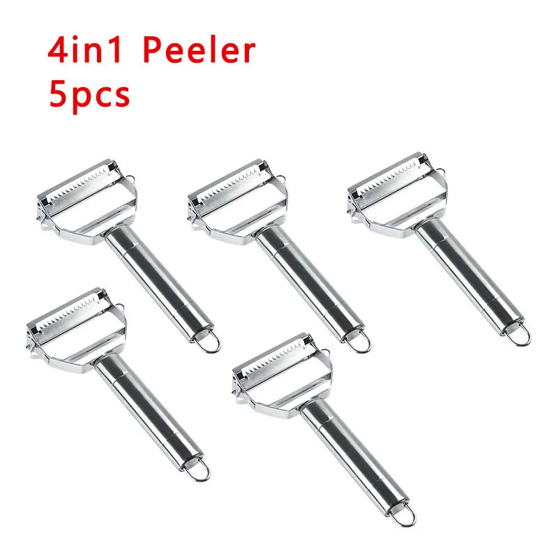Stainless steel 4-in-1 peeler set with five roller blades and metal frames