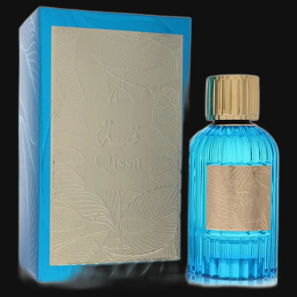 Qissa perfume bottle and box set, blue glass with gold cap and beige label