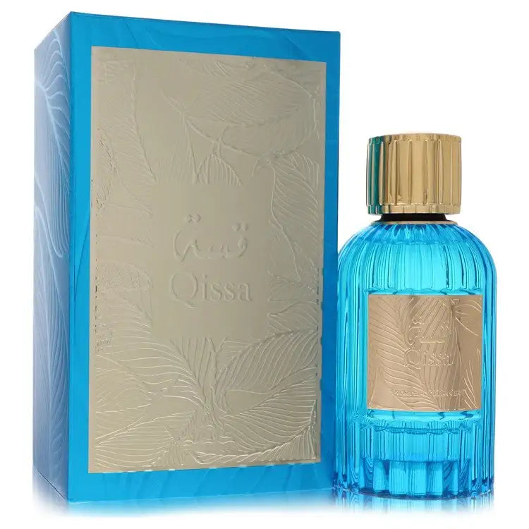 Perfume bottle in blue glass with gold cap and matching box, beige label