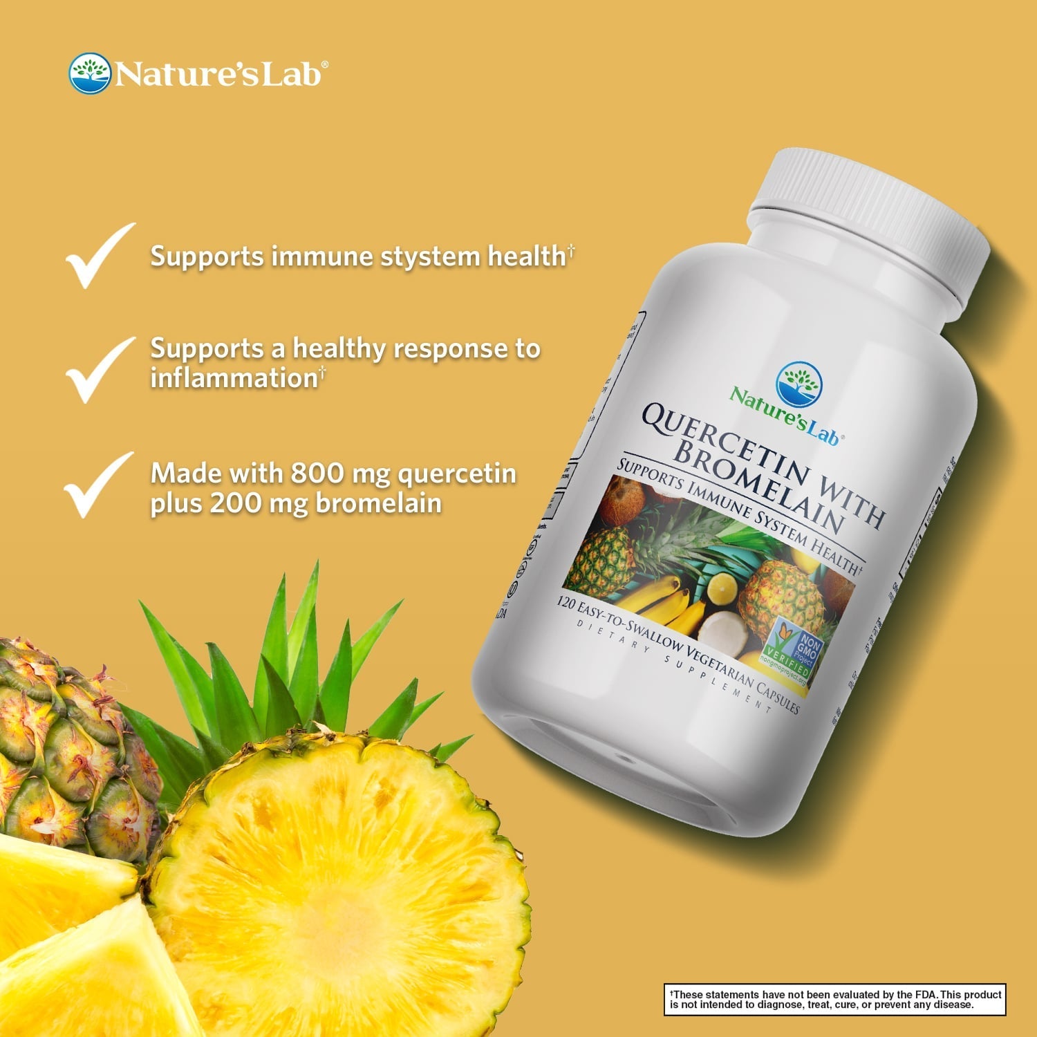 Bromelain and quercetin supplement bottle with white cap and immune support label