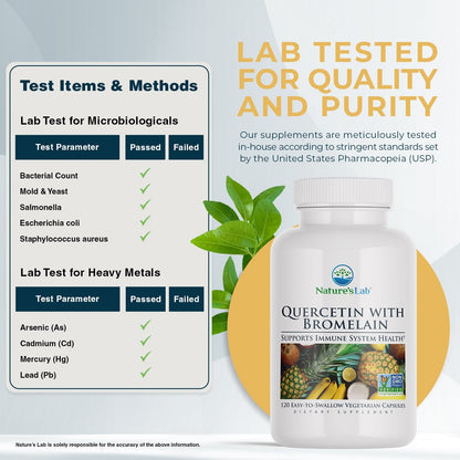 Quercetin with bromelain supplement bottle with lab-tested quality and purity badges