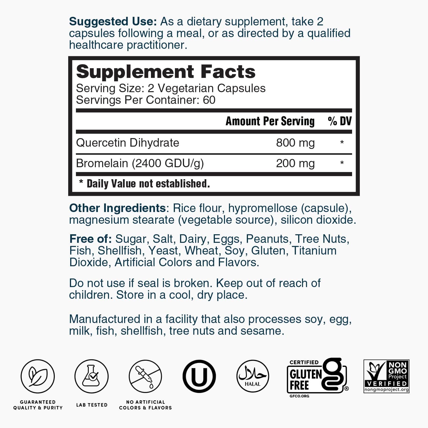 Supplement Facts panel for 2 vegetarian capsules: quercetin 800 mg, bromelain 200 mg