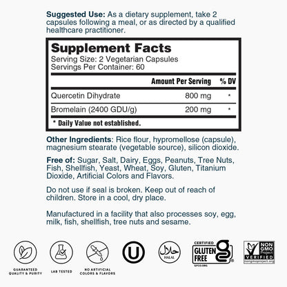 Supplement Facts panel for 2 vegetarian capsules: quercetin 800 mg, bromelain 200 mg