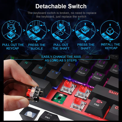 Mini wired gaming keyboard with detachable switch shown near red key area
