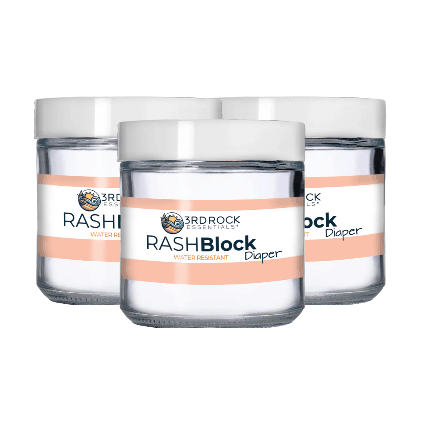Three RASHBlock water-resistant diaper gel jars with silver lids and orange labels