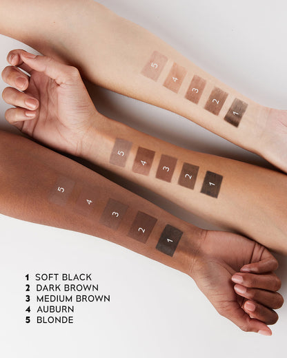 Brow shade swatches on forearms, showing numbered powder and creme colors
