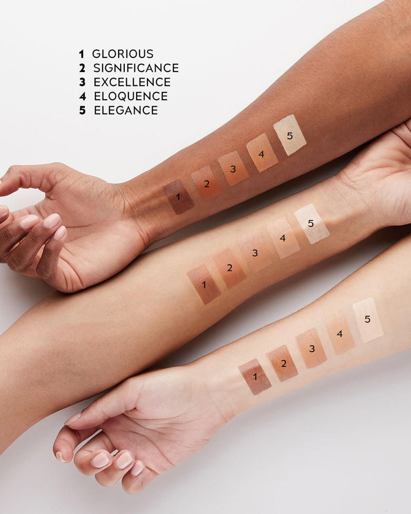 Brow shade swatches on arms with numbered and named shade labels