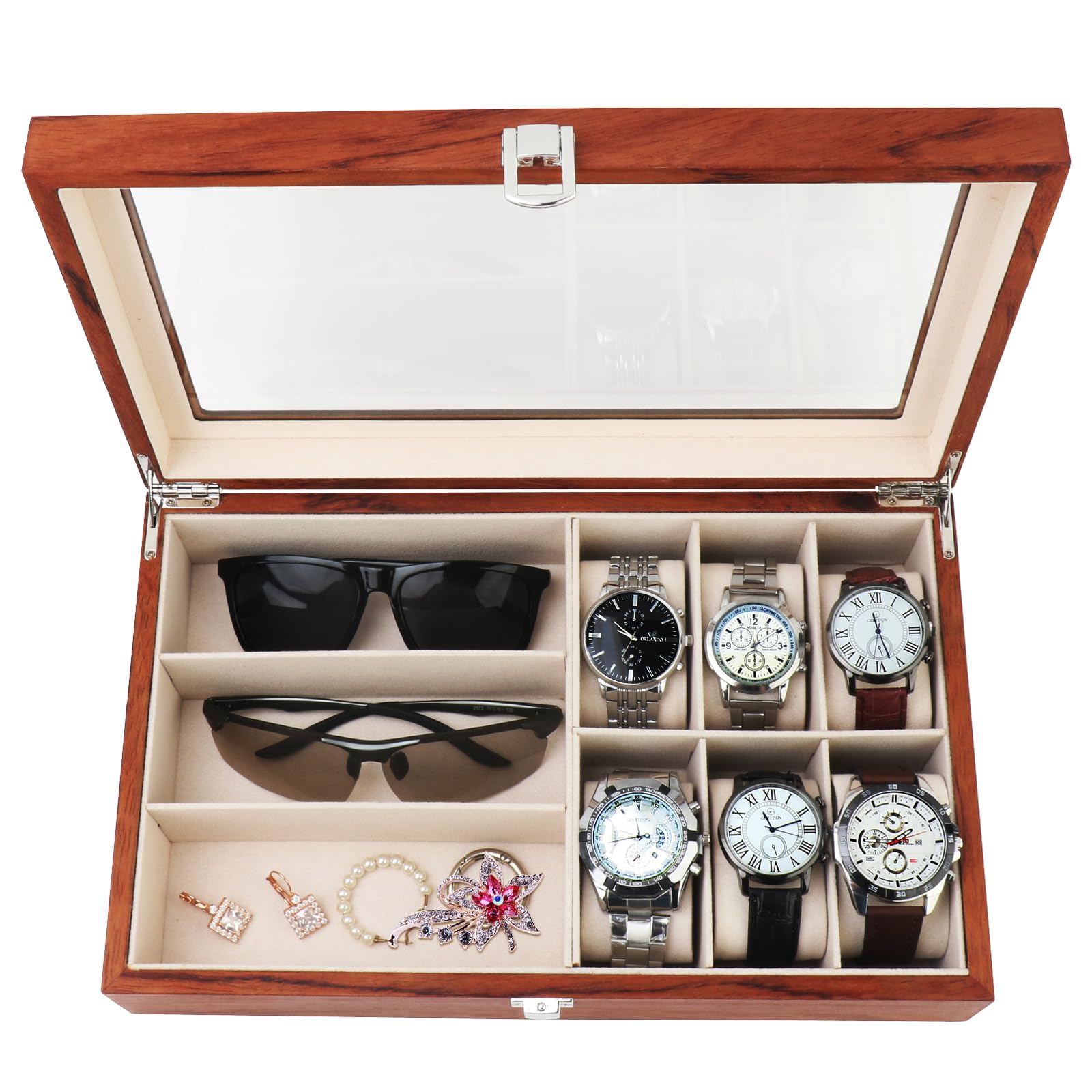 RICOJYCX 9-Slot Watch Box Watch Case with Glass lid with Removable Watch Pillows Storage for Watch Neckles Glasses Bracelet Gift Idea Ring - Renee Lane Company