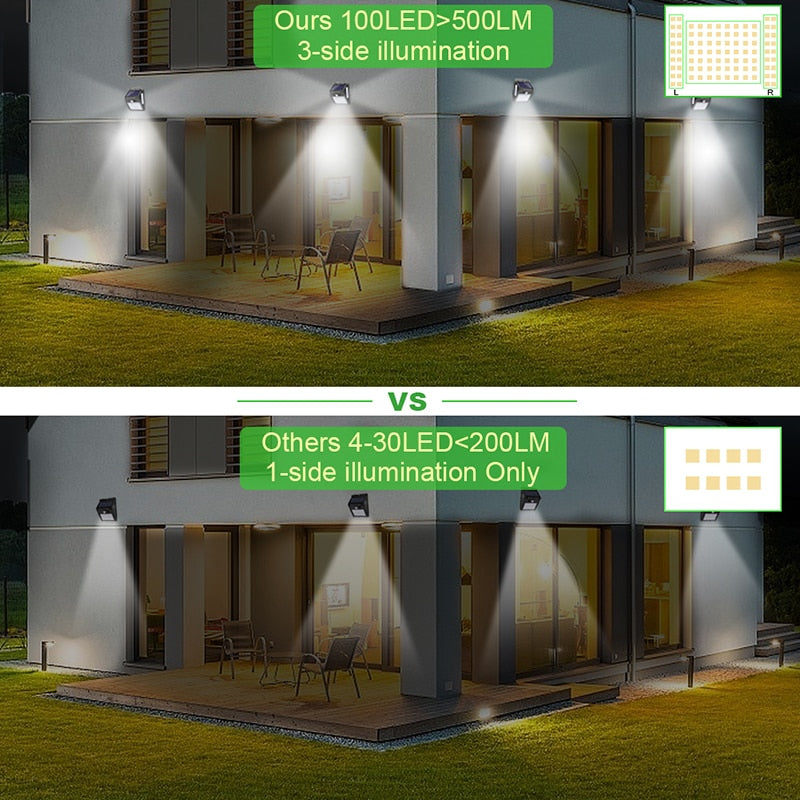 Solar LED wall light with multiple illumination heads casting wide light over a patio