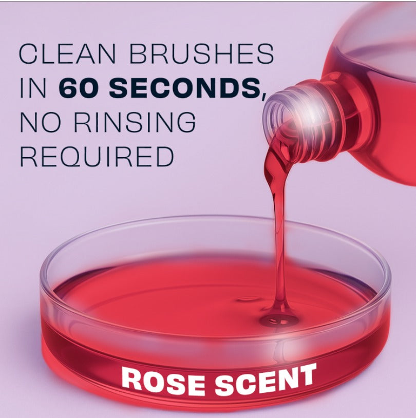 Rose-scent makeup brush cleaner jar with rose-pink liquid being poured
