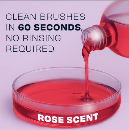 Rose-scent makeup brush cleaner jar with rose-pink liquid being poured
