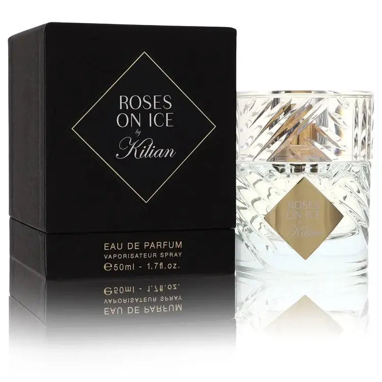 Roses on Ice eau de parfum set with black box and clear faceted bottle
