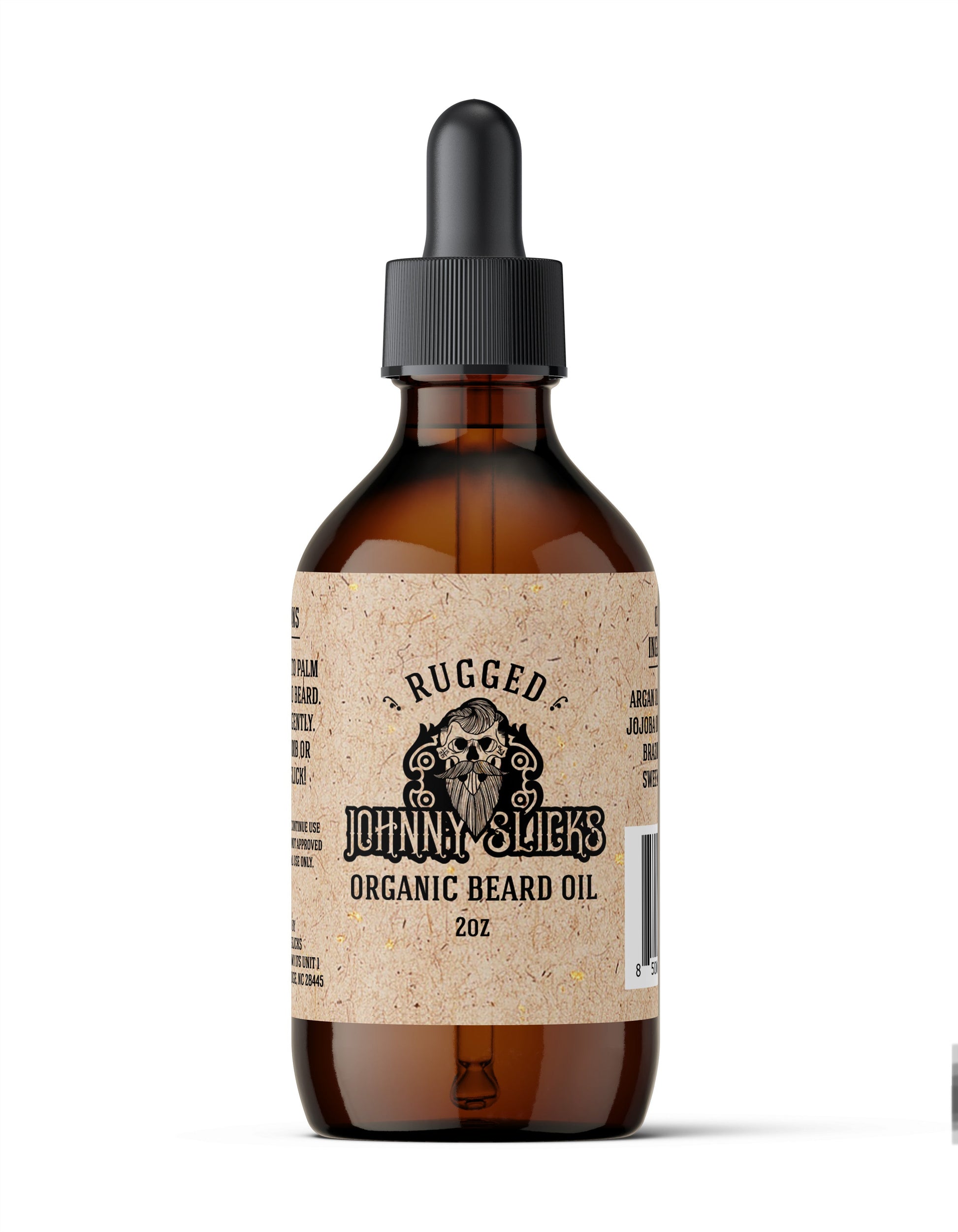 Organic beard oil bottle with black dropper, amber glass; label 'Rugged' 2 oz.