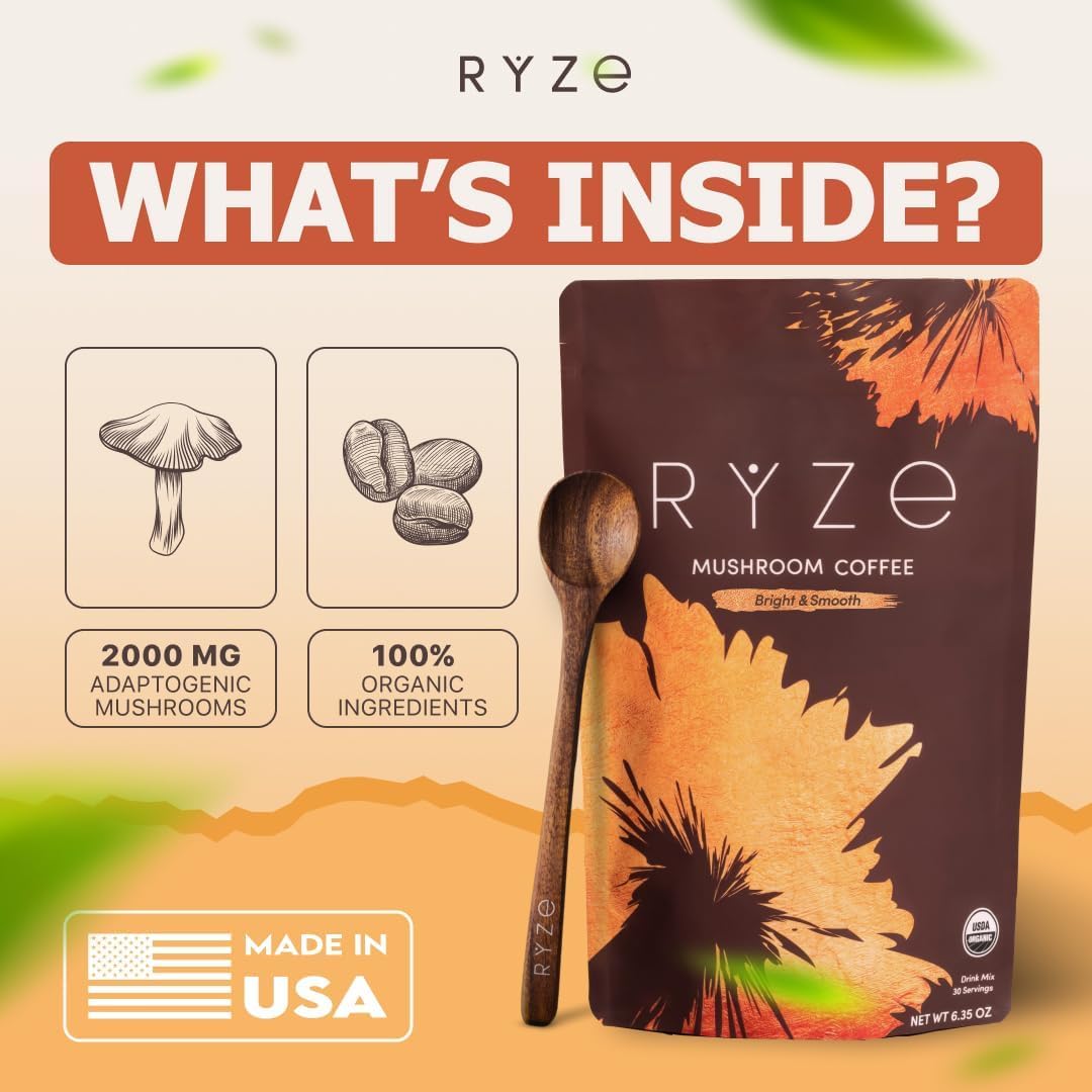 RYZE SUPERFOODS Mushroom Medium Roast Coffee Starter Kit, USDA Organic Instant Coffee with 6 Adaptogenic Mushrooms and for Energy, Focus, Digestion, Immunity with Lions Mane & Turkey Tail 30 Serving - Renee Lane Company