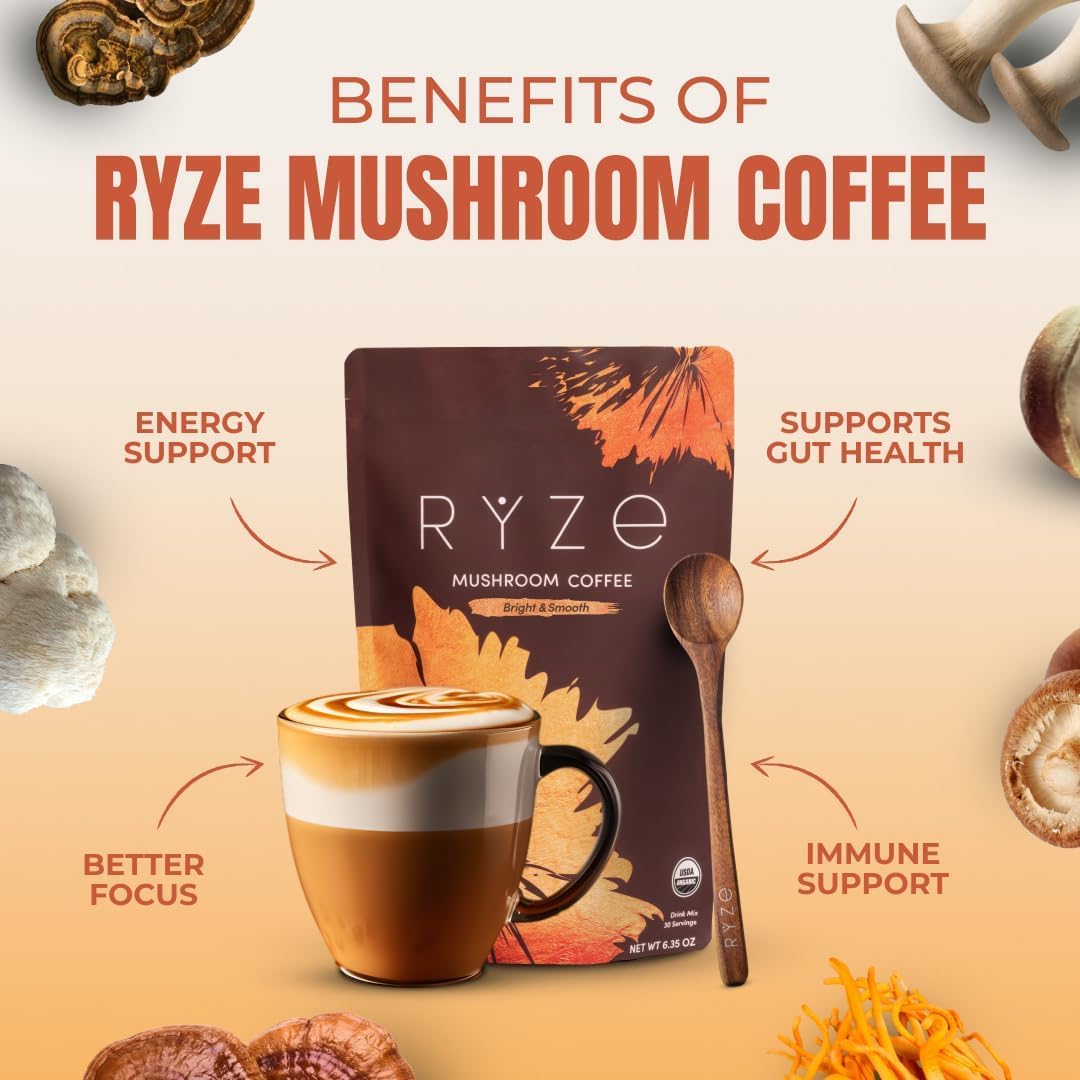 RYZE SUPERFOODS Mushroom Medium Roast Coffee Starter Kit, USDA Organic Instant Coffee with 6 Adaptogenic Mushrooms and for Energy, Focus, Digestion, Immunity with Lions Mane & Turkey Tail 30 Serving - Renee Lane Company