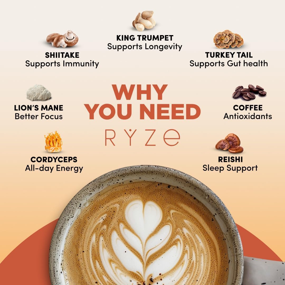 RYZE SUPERFOODS Mushroom Medium Roast Coffee Starter Kit, USDA Organic Instant Coffee with 6 Adaptogenic Mushrooms and for Energy, Focus, Digestion, Immunity with Lions Mane & Turkey Tail 30 Serving - Renee Lane Company