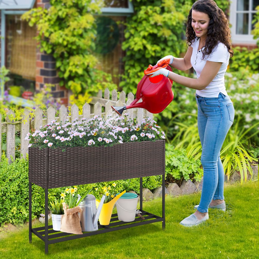 Raised Wicker Garden Bed with Storage Shelf and Removable Liner - Renee Lane Company