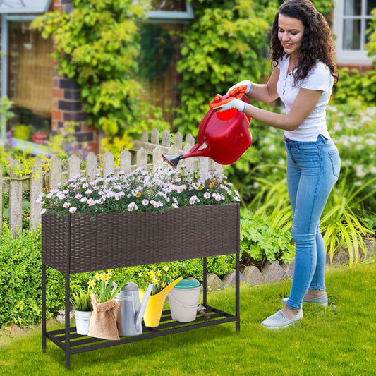 Raised Wicker Garden Bed with Storage Shelf and Removable Liner - Renee Lane Company