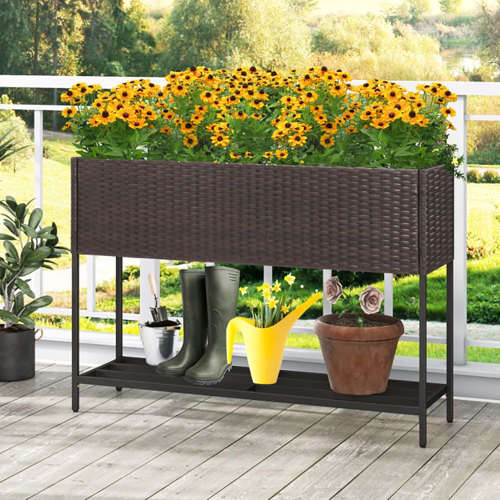 Raised Wicker Garden Bed with Storage Shelf and Removable Liner - Renee Lane Company