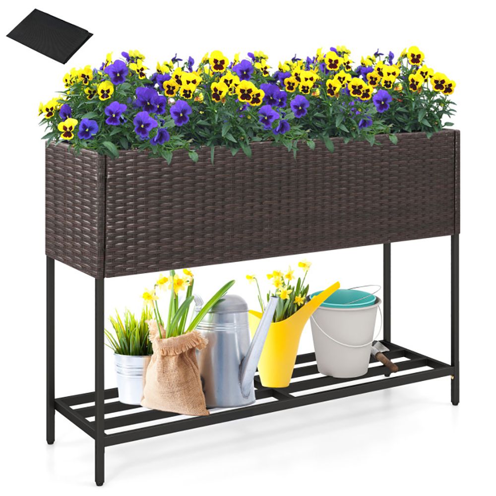 Raised Wicker Garden Bed with Storage Shelf and Removable Liner - Renee Lane Company