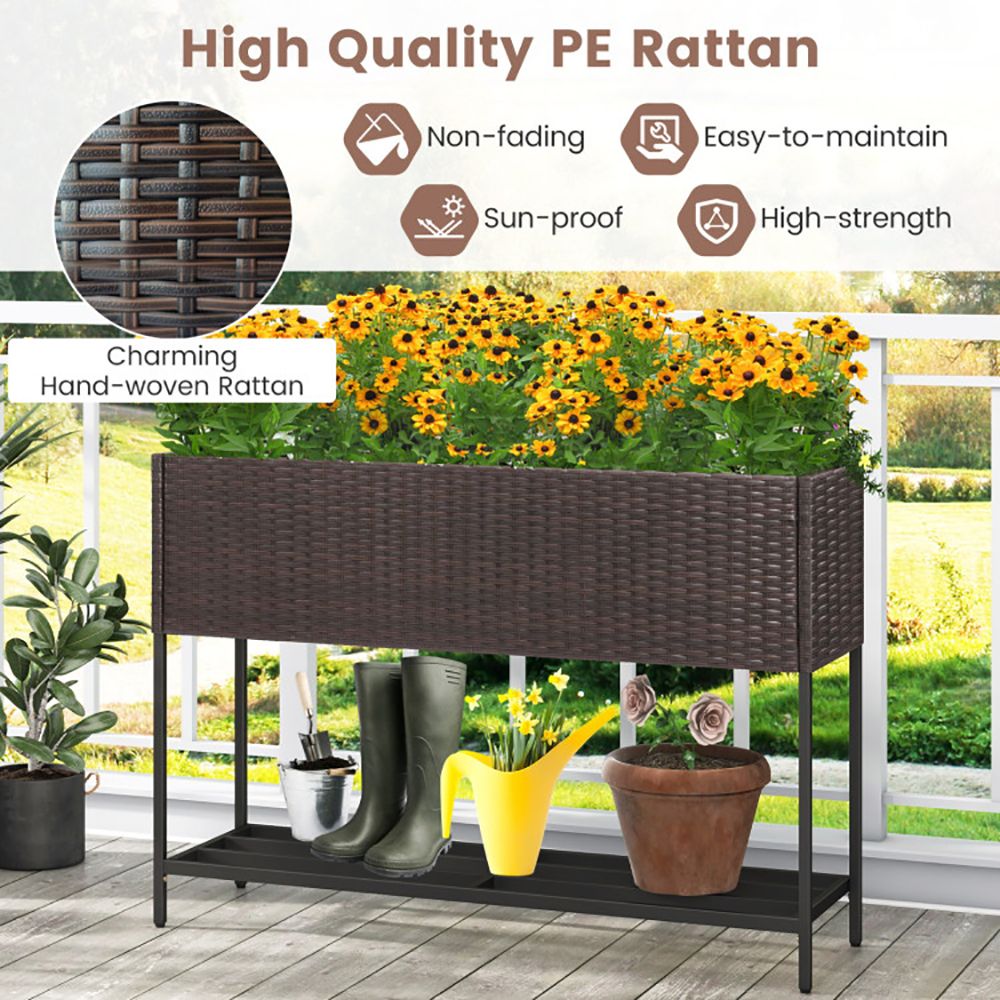 Raised Wicker Garden Bed with Storage Shelf and Removable Liner - Renee Lane Company