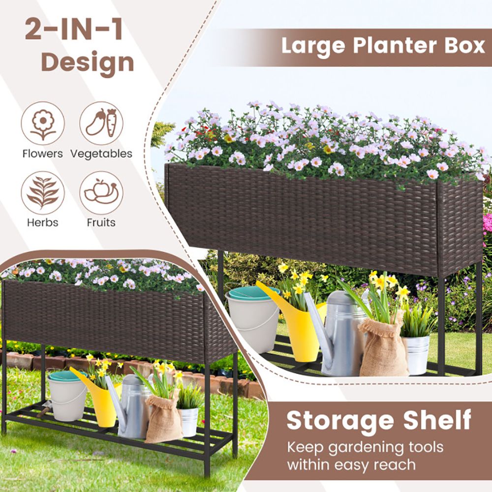 Raised Wicker Garden Bed with Storage Shelf and Removable Liner - Renee Lane Company