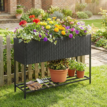 Raised Wicker Garden Bed with Storage Shelf and Removable Liner - Renee Lane Company