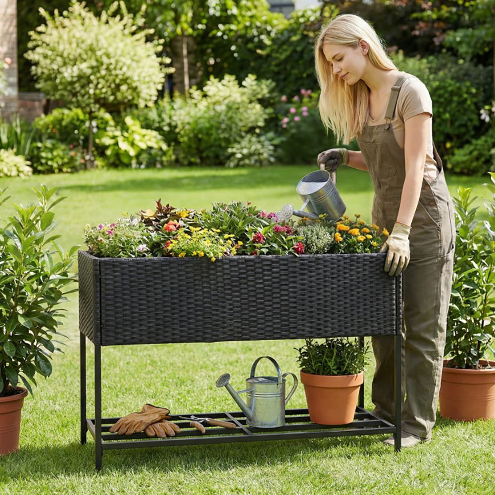 Raised Wicker Garden Bed with Storage Shelf and Removable Liner - Renee Lane Company