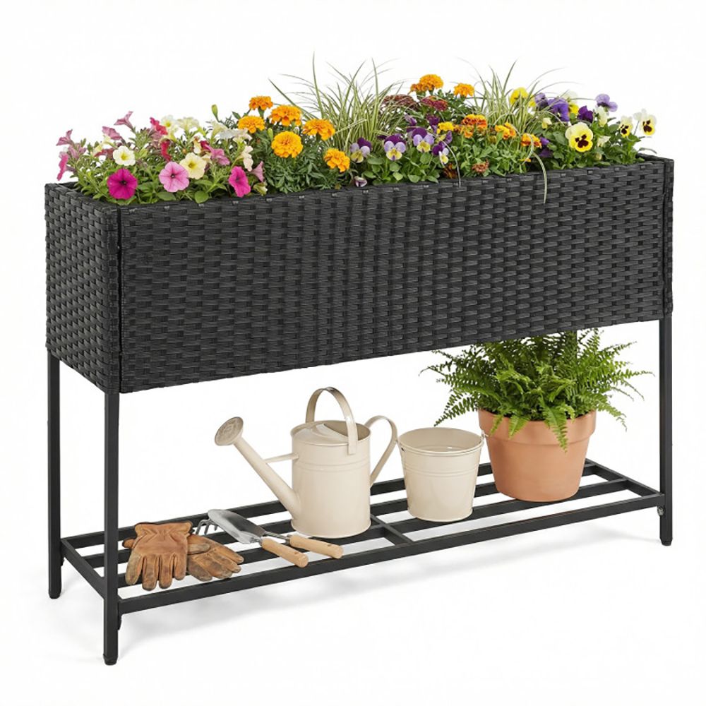 Raised Wicker Garden Bed with Storage Shelf and Removable Liner - Renee Lane Company