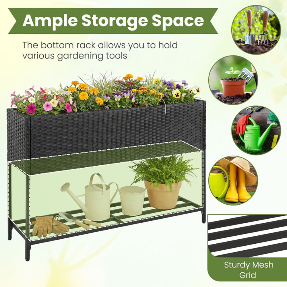 Raised Wicker Garden Bed with Storage Shelf and Removable Liner - Renee Lane Company