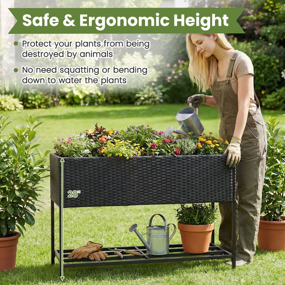 Raised Wicker Garden Bed with Storage Shelf and Removable Liner - Renee Lane Company