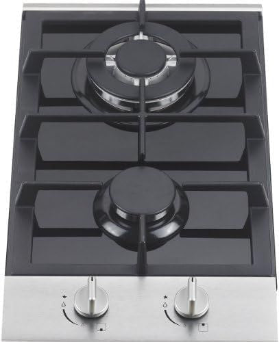 Black 2-burner gas cooktop with cast-iron grates and round burner caps