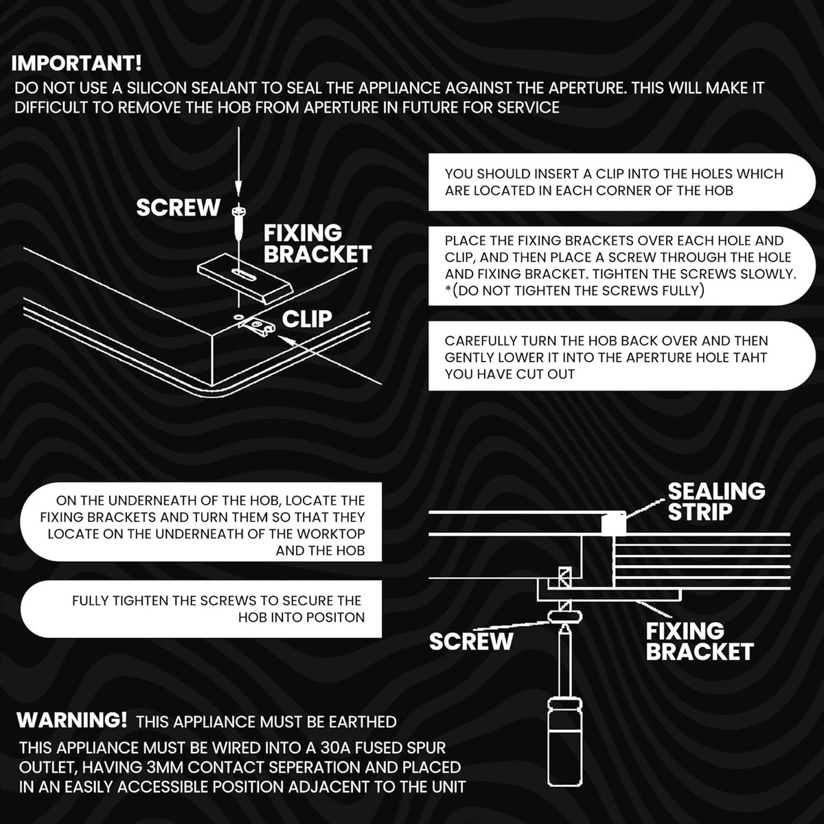 Gas cooktop installation guide graphic with sealing strip and fixing bracket steps