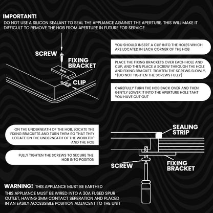 Gas cooktop installation guide graphic with sealing strip and fixing bracket steps