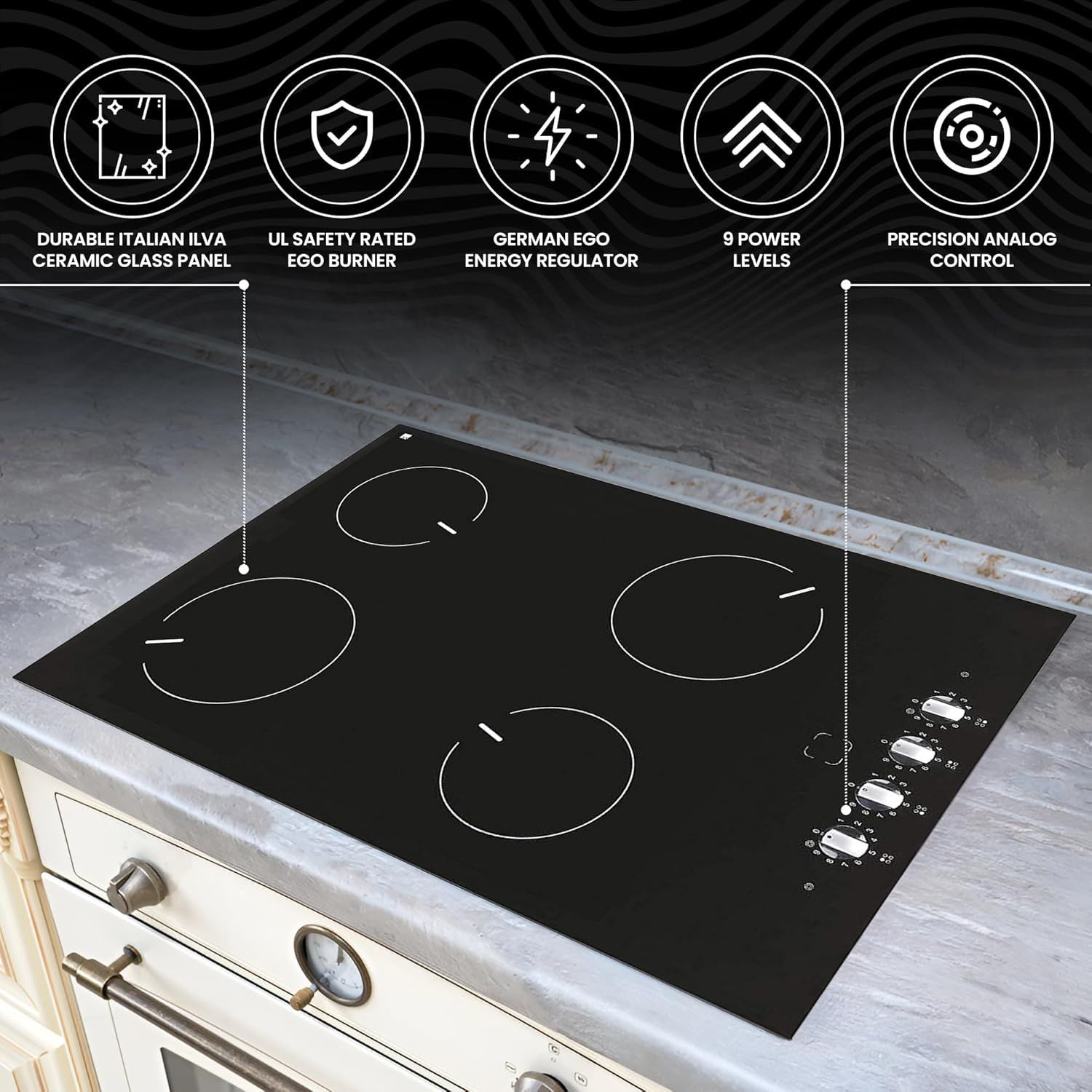 Ramblewood 4 Burner 30" Electric Cooktop, EC4-60, UL rated German EGO burner - Renee Lane Company