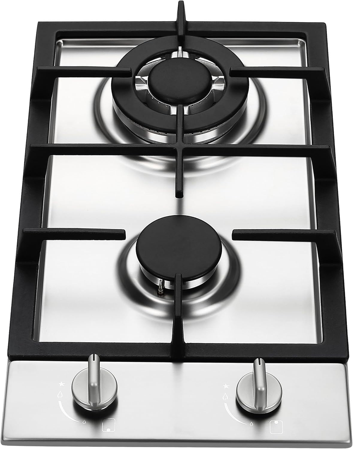 Stainless steel 2-burner gas cooktop with black burner caps and control knobs